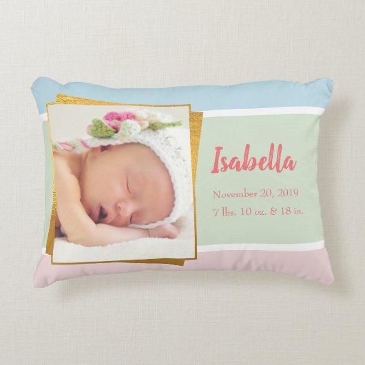 スイートパステルベビーガールフォト誕生レコードスタット アクセントクッション (正面)