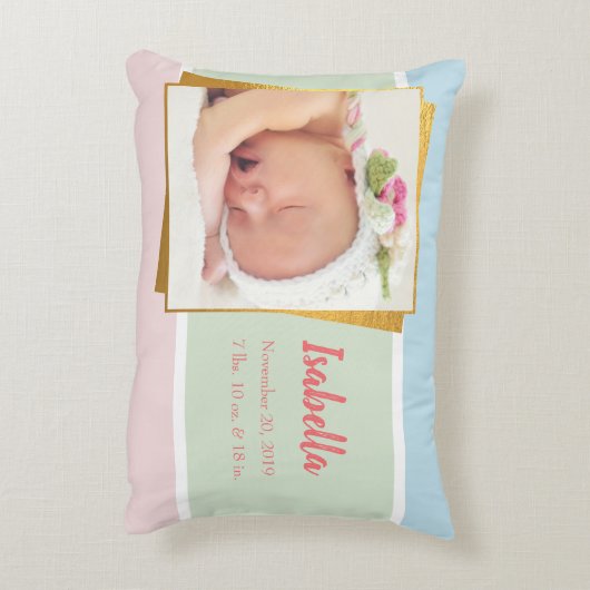 スイートパステルベビーガールフォト誕生レコードスタット アクセントクッション (裏面(縦))