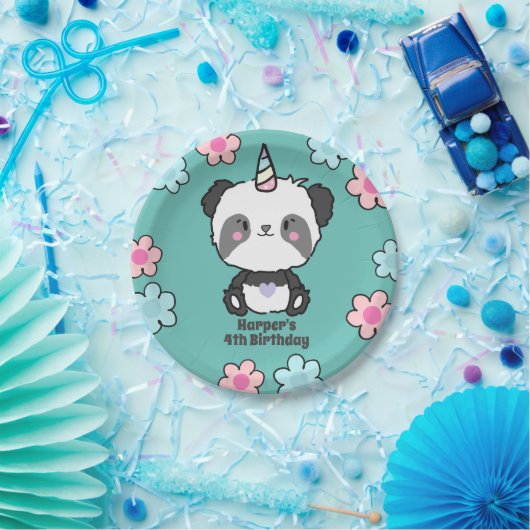 スイートパンダユニコーンガーリーフローラパーソナライズされたパペ ペーパープレート (パーティー)