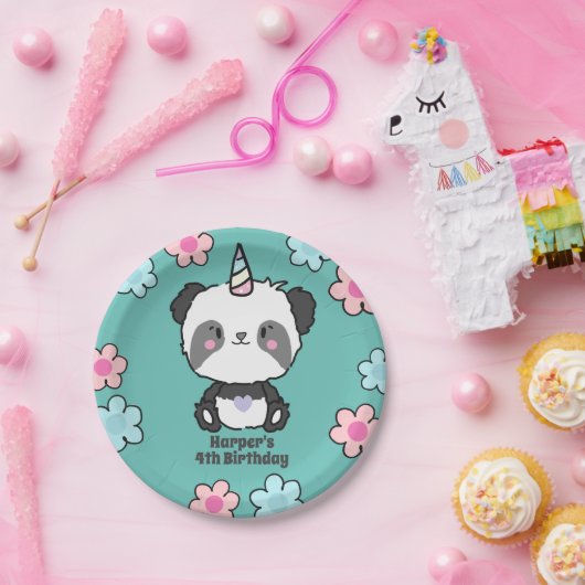 スイートパンダユニコーンガーリーフローラパーソナライズされたパペ ペーパープレート (パーティー)