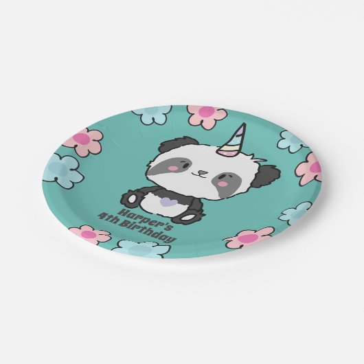 スイートパンダユニコーンガーリーフローラパーソナライズされたパペ ペーパープレート (アングル)
