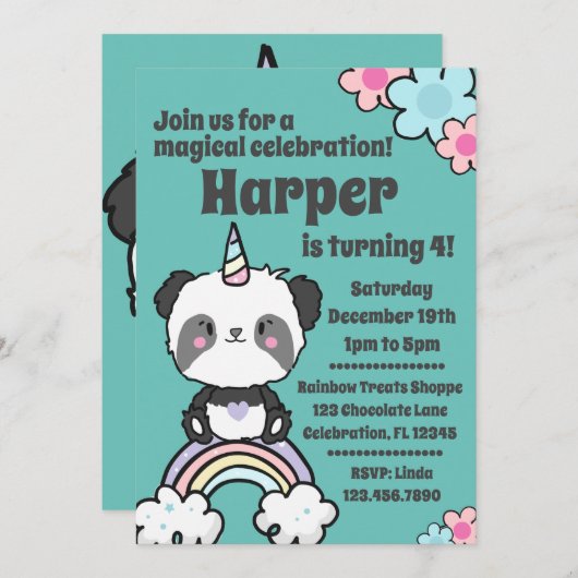 スイートパンダユニコーンガーリー招待状 招待状 (正面/裏面)
