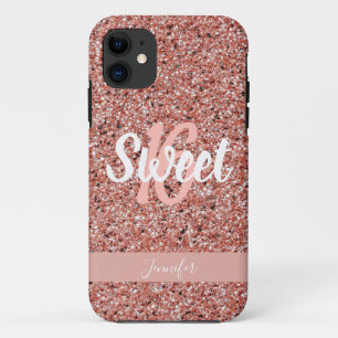 スイートパーソナライズされた16ピンクローズ金ゴールドグリッター iPhone 11 ケース