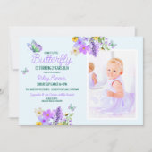 スイートパープルバタフライガールズバースデーパーティー 招待状 (正面)
