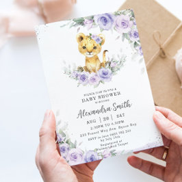スイートパープルフローラ愛らしいライオンかわいい赤ちゃんシャワー 招待状