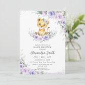 スイートパープルフローラ愛らしいライオンかわいい赤ちゃんシャワー 招待状 (スタンド正面)