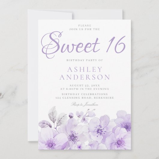 スイートパープルラベンダーガールズスウィート16誕生日 招待状 (正面)