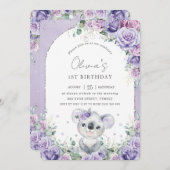 スイートパープル薄紫フローラコアラ誕生日パーティー 招待状 (正面/裏面)