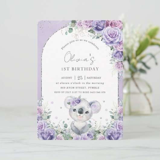 スイートパープル薄紫フローラコアラ誕生日パーティー 招待状 (スタンド正面)