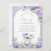 スイートパープル薄紫フローラコアラ誕生日パーティー 招待状 (正面)