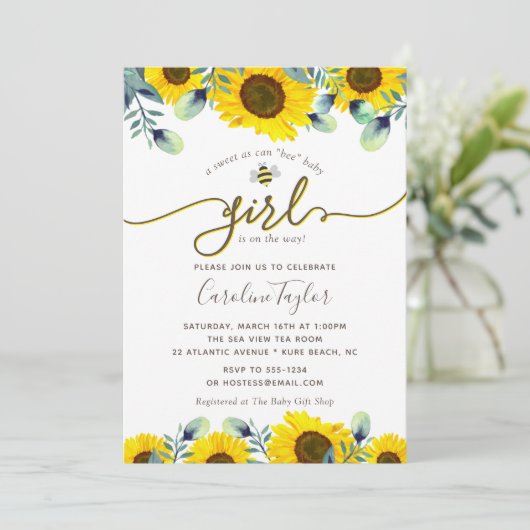 スイートビーエレガントヒマワリ女の子ベビーシャワー 招待状 (スタンド正面)