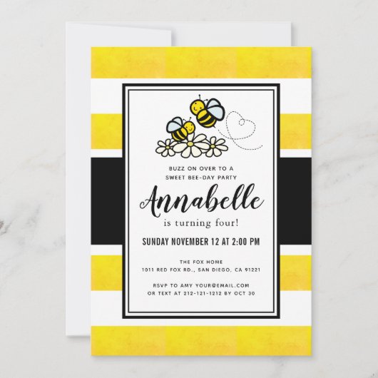 スイートビーデイパーティーかわいいイエロー誕生日 招待状 (正面)