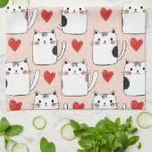スイートピンクかわいい猫とハート柄 (5) キッチンタオル (折り畳み)