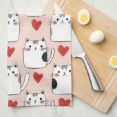 スイートピンクかわいい猫とハート柄 (5) キッチンタオル (四つ折り)
