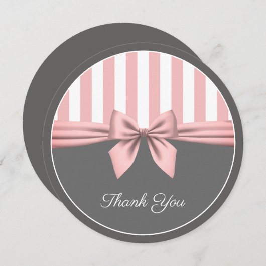 スイートピンクとグレーストライプのボウ サンキューカード (正面/裏面)