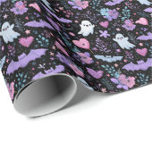 スイートピンクとパープルハロウィーンのこうもりと幽霊 ラッピングペーパー (ロールコーナー)