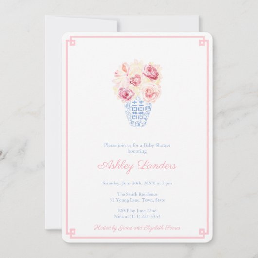 スイートピンクとブルーの小さな女の子ベビーシャワーパーティー 招待状 (正面)