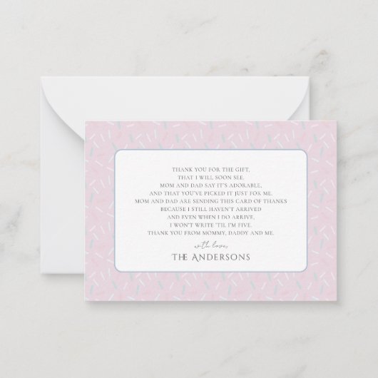 スイートピンクのカップケーキ&ドーナツ赤ちゃんシャワーありがとう ノートカード (裏面)