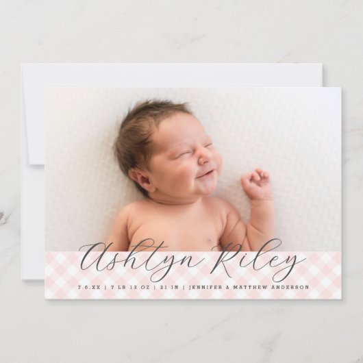 スイートピンクのギンガムパターン誕生のお知らせ 案内状 (正面)