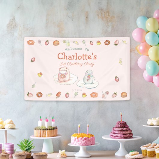 スイートピンクのデザート子供の誕生日パーティー歓迎 横断幕