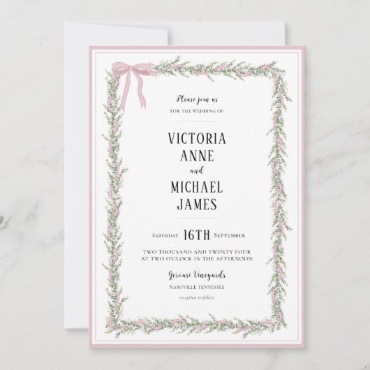 スイートピンクのリボンと緑のヴィンテージの結婚式 招待状 (正面)