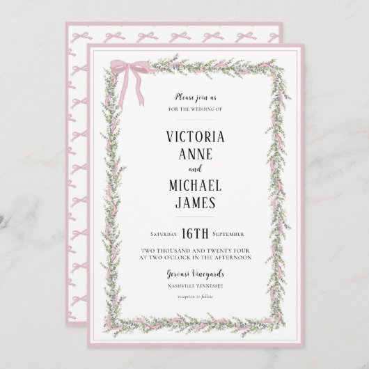 スイートピンクのリボンと緑のヴィンテージの結婚式 招待状 (正面/裏面)