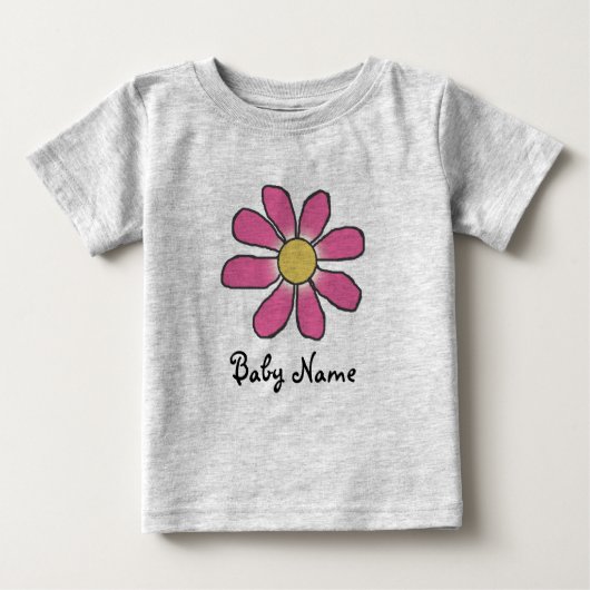 スイートピンクの花とカスタムベビー名 ベビーTシャツ (正面)