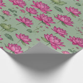 スイートピンクの蓮の花の植物緑 ラッピングペーパー (角)
