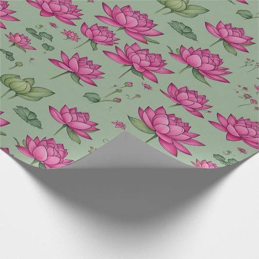 スイートピンクの蓮の花の植物緑 ラッピングペーパー (角)