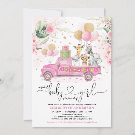 スイートピンクの金ゴールドサファリ動物ガールベビーシャワー 招待状 (正面)