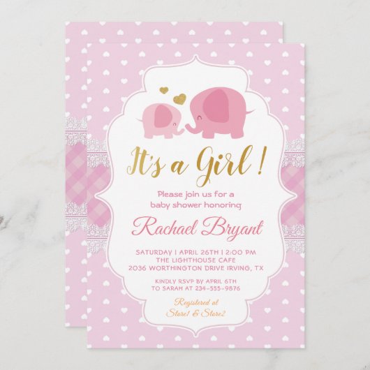 スイートピンクの金ゴールドレース象の女の子ベビーシャワー 招待状 (正面/裏面)