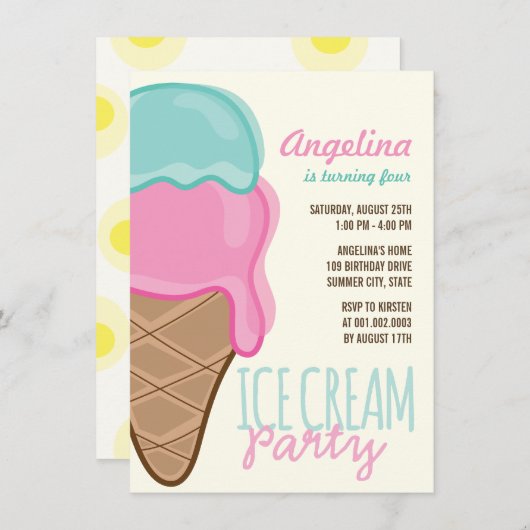 スイートピンクアイスクリームガールバースデーパーティー招待状 招待状 (正面/裏面)