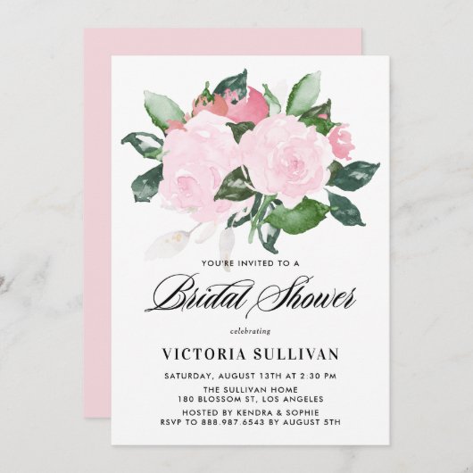 スイートピンクウォーターカラーバラブライダルシャワー 招待状 (正面/裏面)