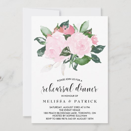 スイートピンクウォーターカラーバラリハーサルディナー 招待状 (正面)