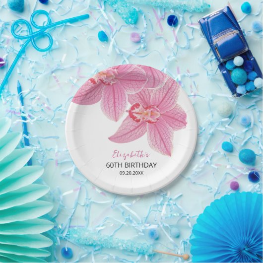 スイートピンクオーキッドフローラ緑誕生日 ペーパープレート (パーティー)