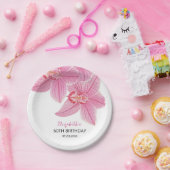 スイートピンクオーキッドフローラ緑誕生日 ペーパープレート (パーティー)