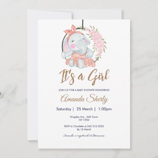 スイートピンクガールエレファントベビーシャワー招待状 招待状 (正面)