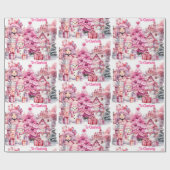 スイートピンククリスマスアドガールズネーム雪だるまツリー ラッピングペーパー (フラット)