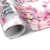 スイートピンククリスマスアドガールズネーム雪だるまツリー ラッピングペーパー (ロールコーナー)