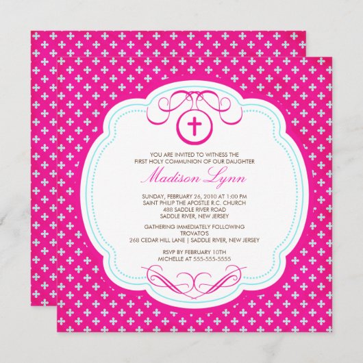 スイートピンククロスガールコミュニオン招待状 招待状 (正面/裏面)