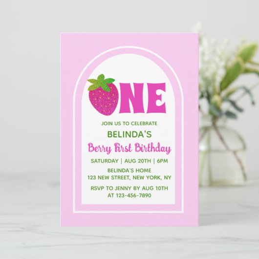 スイートピンクグリッターY2Kイチゴ1st誕生日 招待状 (スタンド正面)