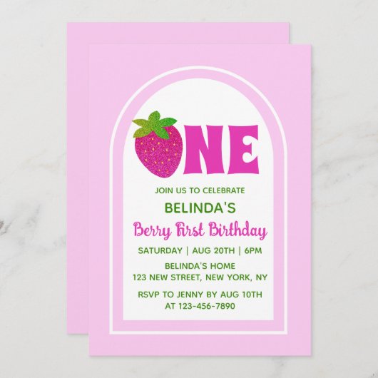 スイートピンクグリッターY2Kイチゴ1st誕生日 招待状 (正面/裏面)