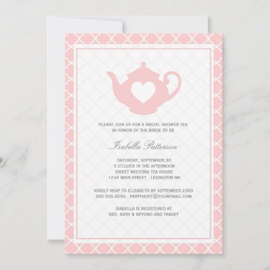 スイートピンクティーポットブライダルシャワーティーパーティー 招待状 (正面)