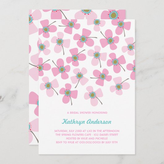 スイートピンクデイジーシックおもしろいブライダルシャワーパーティー 招待状 (正面/裏面)