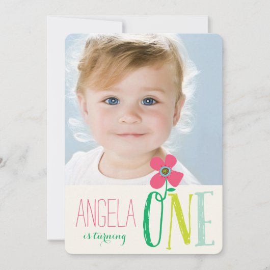 スイートピンクデイジーポップ・アートのシックな女の子1st誕生日の写真 招待状 (正面)