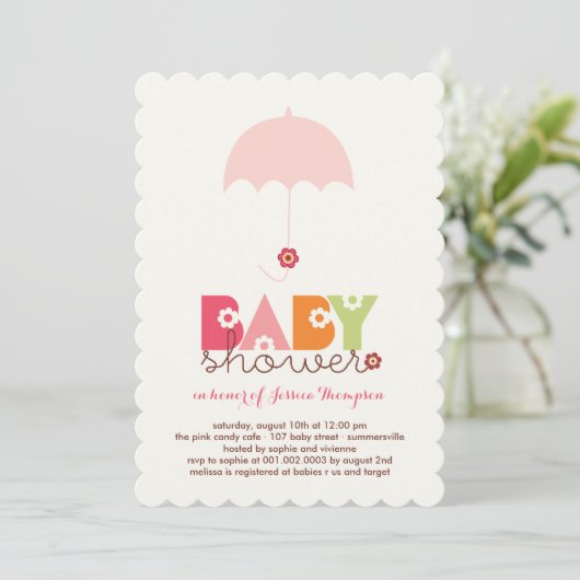 スイートピンクデイジー開花ガールベビーシャワー招待状 招待状 (スタンド正面)
