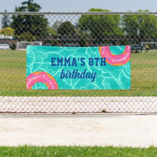 スイートピンクドーナツブルーウォータープールパーティー誕生日 横断幕 (インサイチュ)