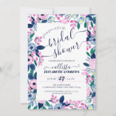 スイートピンクネイビーフラワーズウォーターブライダルシャワー 招待状 (正面)