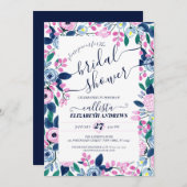 スイートピンクネイビーフラワーズウォーターブライダルシャワー 招待状 (正面/裏面)