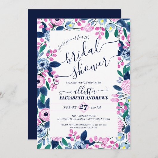 スイートピンクネイビーフラワーズウォーターブライダルシャワー 招待状 (正面/裏面)